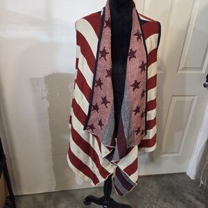 Elegant Red and White Striped Shawl with Star Pattern American Flag Shawl Poncho